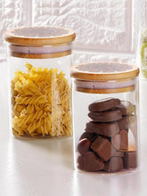 Homestic Borosilicate Glass Jar with Printed Bamboo Lid|Kitchen Organizer Items and Storage|Multi-utility, Leakproof, Airtight Storage Jar for Cookies,Snacks,Tea,Coffee,Sugar|Pack of 2(600ml)